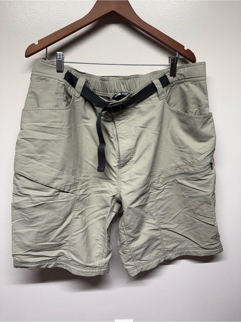 The North Face Men's Light Olive Outdoor Shorts with Built-In Black Belt